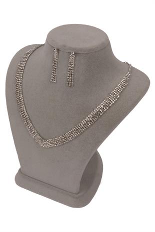 Linda Taşlı Abiye Kolye Küpe Seti Ve Yaprak Gelin Tacı