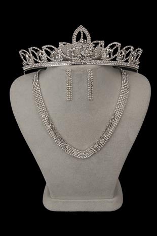 Linda Taşlı Abiye Kolye Küpe Seti Ve Yaprak Gelin Tacı