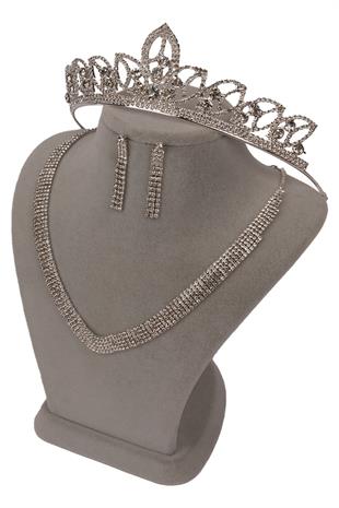 Linda Taşlı Abiye Kolye Küpe Seti Ve Yaprak Gelin Tacı