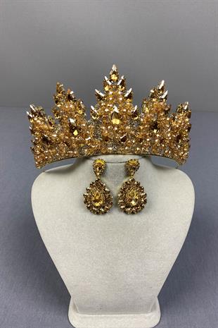 Lotus Bead Embroidered Bridal Henna Crown and Shuttle Earring Set