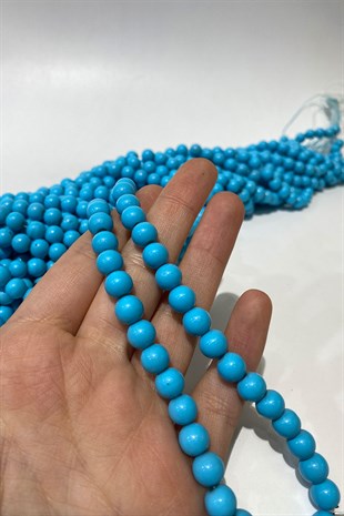 Mat Mavi Desenli Dizi Cam Boncuk 8 mm