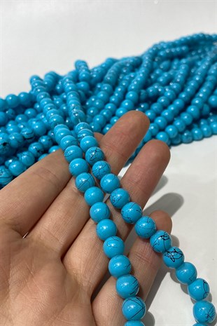 خرز زجاجي مزخرف باللون الفيروزي غير اللامع 8 ملم