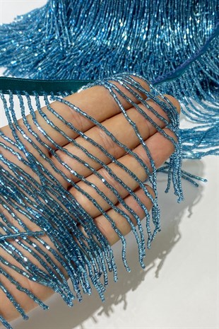 Mavi Boncuklu 15 cm Saçak Püskül Şerit