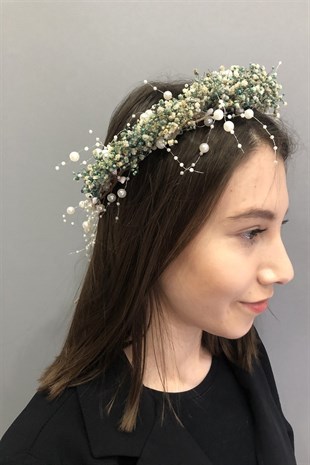 Mavi Cipsolu İncili Kuru Çiçekli Taç