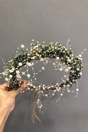 Mavi Cipsolu İncili Kuru Çiçekli Taç