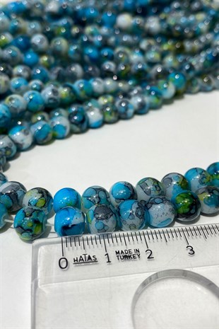 خرز زجاجي مزخرف باللون الأزرق 8 مم