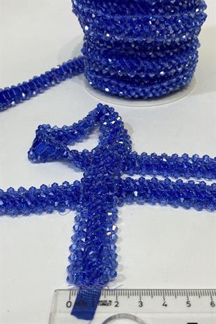 Mavi Geniş Kristal Boncuklu İşlemeli Şerit