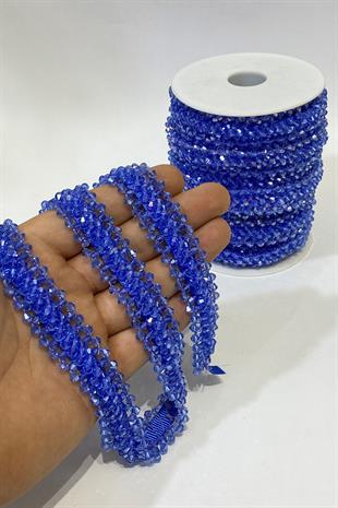 Mavi Geniş Kristal Boncuklu İşlemeli Şerit