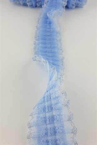 Mavi Gümüş Sim Dantelli Plise Fırfır