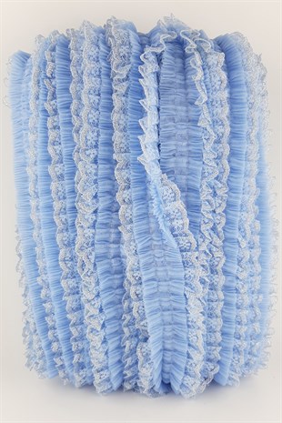 Mavi Gümüş Sim Dantelli Plise Fırfır