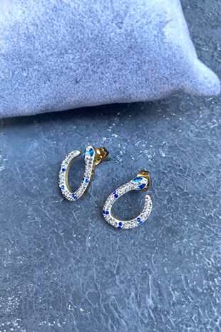 Mavi Gümüş Yılan Detaylı Taşlı Küpe