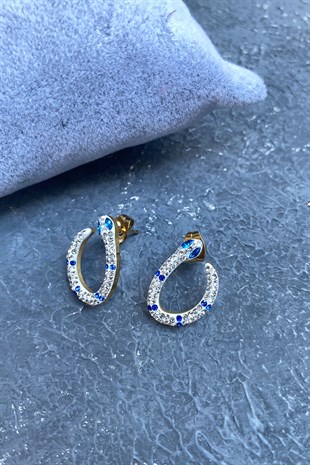 Mavi Gümüş Yılan Detaylı Taşlı Küpe