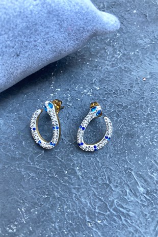 Mavi Gümüş Yılan Detaylı Taşlı Küpe