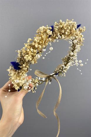 Mavi Krem Cipsolu İncili Ve Pamuk Otlu Gelin Dış Çekim Tacı