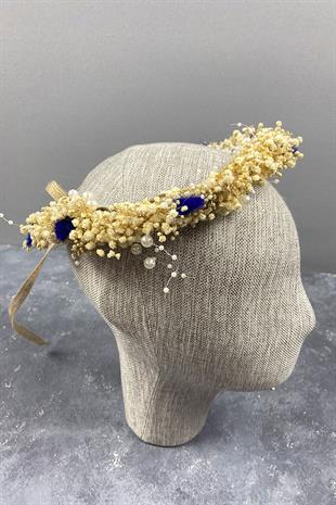 Mavi Krem Cipsolu İncili Ve Pamuk Otlu Gelin Dış Çekim Tacı