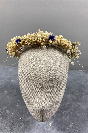 Mavi Krem Cipsolu İncili Ve Pamuk Otlu Gelin Dış Çekim Tacı