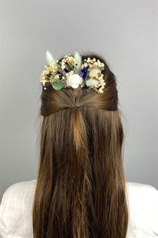 Mavi Kuru ve Yapay Çiçekli Taraklı Saç Tokası