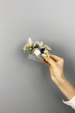 Mavi Kuru ve Yapay Çiçekli Taraklı Saç Tokası