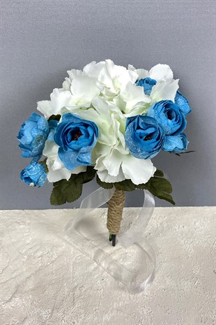 Mavi Ortanca Şakayıklı Gelin El Buketi Saç Aksesuarı ve Yaka Çiçeği