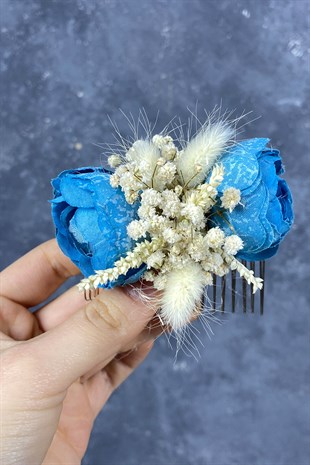 Mavi Pamuk Otlu Cipso ve Yapay Çiçek Taraklı Saç Tokası Aksesuar