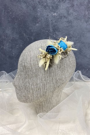 Mavi Pamuk Otu Cipso ve Yapay Çiçekli Taraklı Saç Tokası