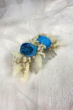 Mavi Pamuk Otu Cipso ve Yapay Çiçekli Taraklı Saç Tokası