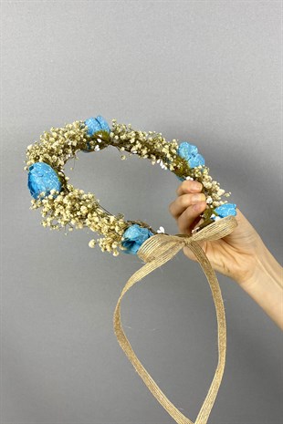 Mavi Şakayık Çiçekli Cipsolu Fiyonklu Dış Çekim Gelin Tacı