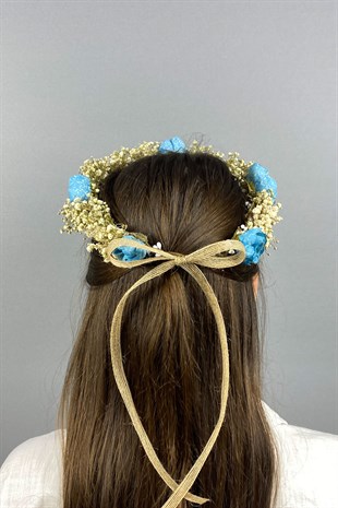 Mavi Şakayık Çiçekli Cipsolu Fiyonklu Dış Çekim Gelin Tacı