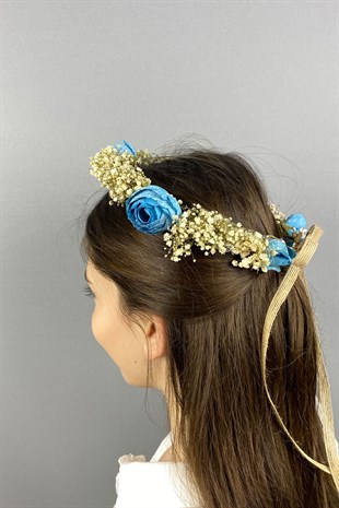 Mavi Şakayık Çiçekli Cipsolu Fiyonklu Dış Çekim Gelin Tacı