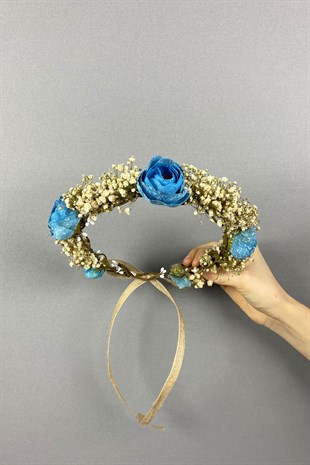 Mavi Şakayık Çiçekli Cipsolu Fiyonklu Dış Çekim Gelin Tacı