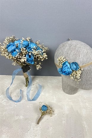 Blue Peony Flower Cipso Bridal Bouquet Crown and Boutonniere Set