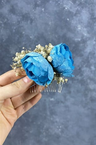 Mavi Şakayık Çiçekli Cipsolu Taraklı Saç Tokası