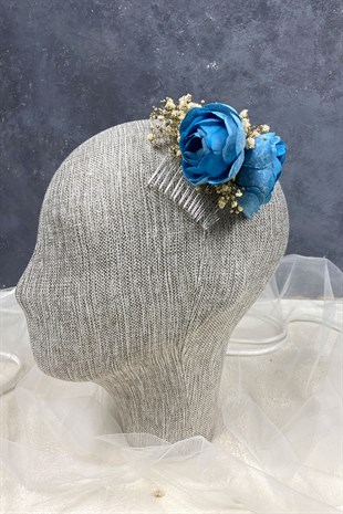 Mavi Şakayık Çiçekli Cipsolu Taraklı Saç Tokası