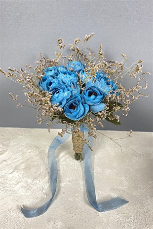 Blue Peony Flower Sea Herb Bridal Bouquet Crown and Boutonniere Set