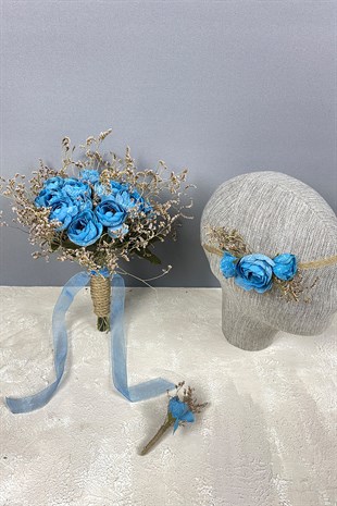 Blue Peony Flower Sea Herb Bridal Bouquet Crown and Boutonniere Set