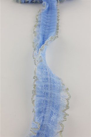 Mavi Sim Dantelli Plise Fırfır