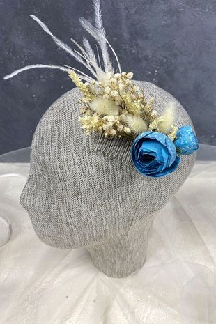 Mavi Tüylü ve Cipso Çiçekli Taraklı Saç Aksesuarı