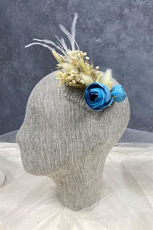 Mavi Tüylü ve Cipso Çiçekli Taraklı Saç Aksesuarı