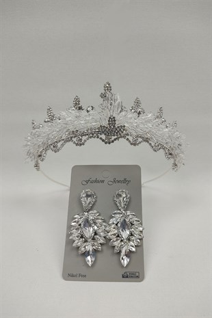 Mekik Boncuklu Badem Gelin Tacı Ve Damla Taşlı Küpe