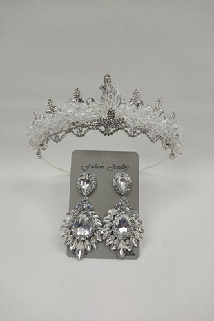 Shuttle Beaded Almond Bridal Crown And Drop Studded Earrings