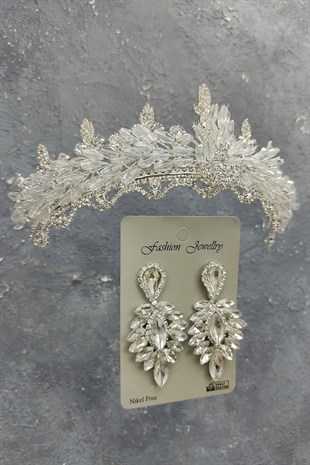 Mekik Boncuklu Badem Gelin Tacı Ve Damla Taşlı Küpe