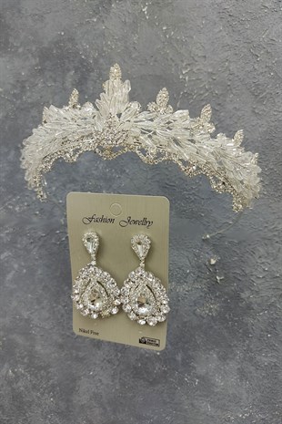 Mekik Boncuklu Badem Gelin Tacı Ve Mekik Taşlı Küpe