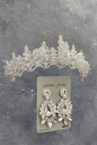 Mekik Boncuklu Badem Gelin Tacı Ve Mekik Damla  Taşlı Küpe