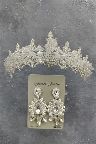 Mekik Boncuklu Badem Gelin Tacı Ve Mekik Damla  Taşlı Küpe