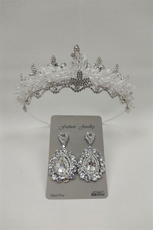 Mekik Boncuklu Badem Gelin Tacı Ve Mekik Taşlı Küpe