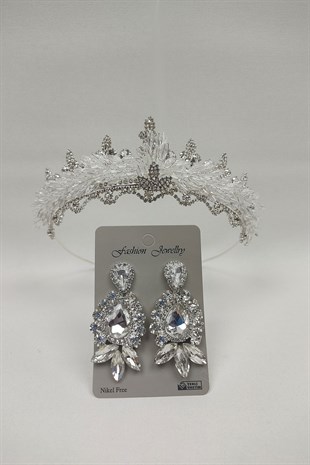 Mekik Boncuklu Badem Gelin Tacı Ve Mekik Damla  Taşlı Küpe