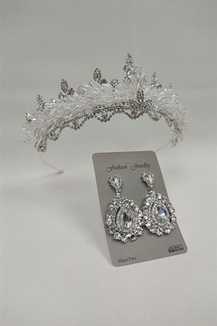 Mekik Boncuklu Badem Gelin Tacı Ve Mekik Taşlı Küpe