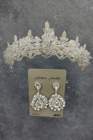 Mekik Boncuklu Badem Gelin Tacı Ve Mekik Taşlı Küpe