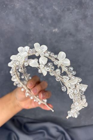 Meleni Sedefli Kristalli Gelin Tacı Saç Aksesuarı