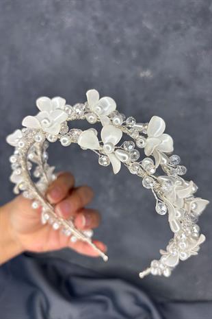 Meleni Sedefli Kristalli Gelin Tacı Saç Aksesuarı